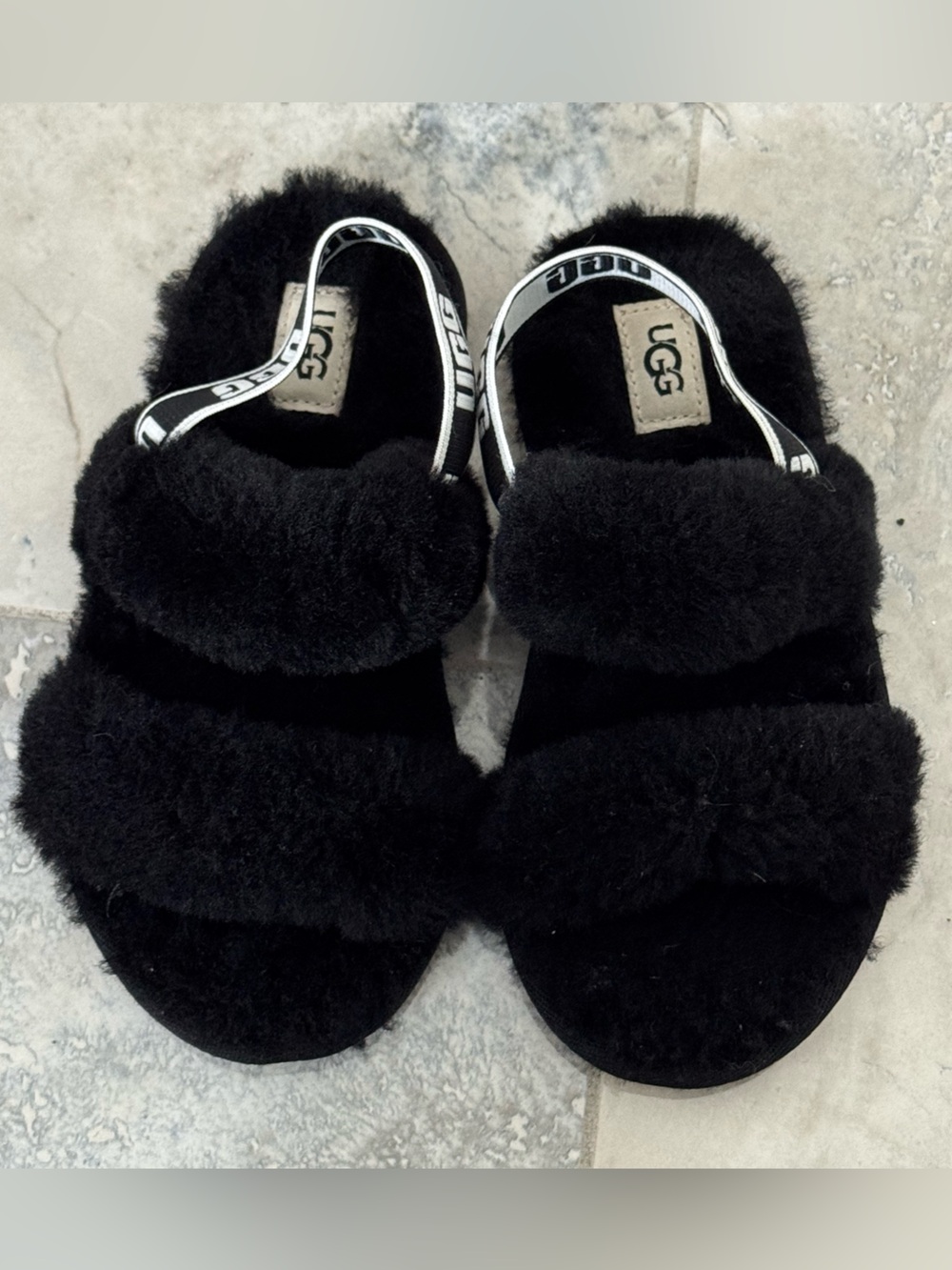 NWOT UGG Kids Black Fuzz Sandals with Branded Slingback